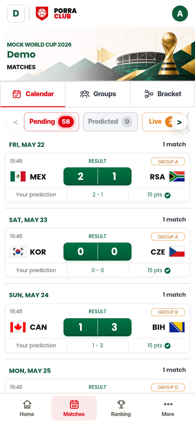 Pantalla móvil de predicciones con partidos de grupos y eliminatorias.